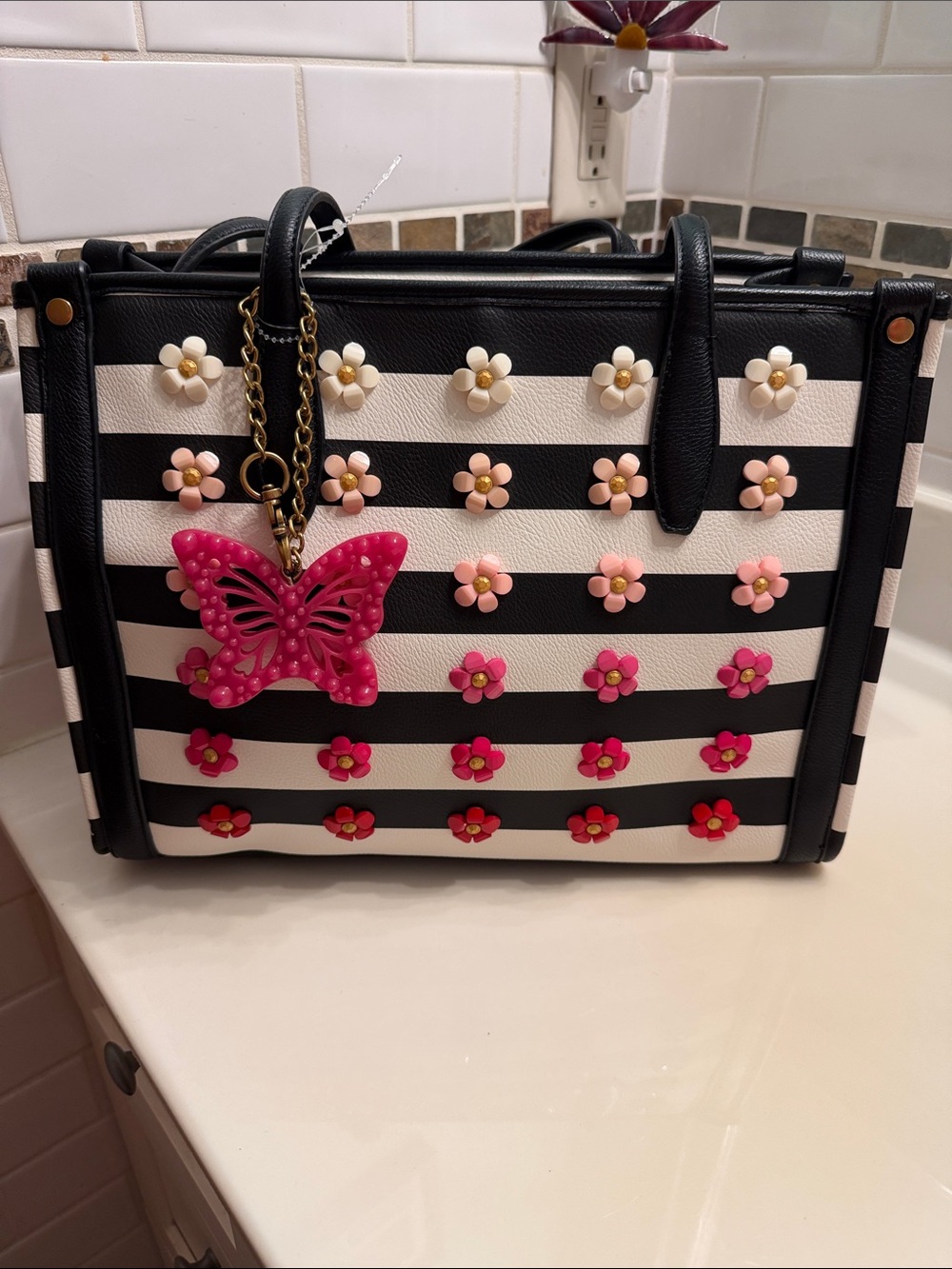 Betsey Johnson Black & White Striped Tote with Pink Butterfly Charm